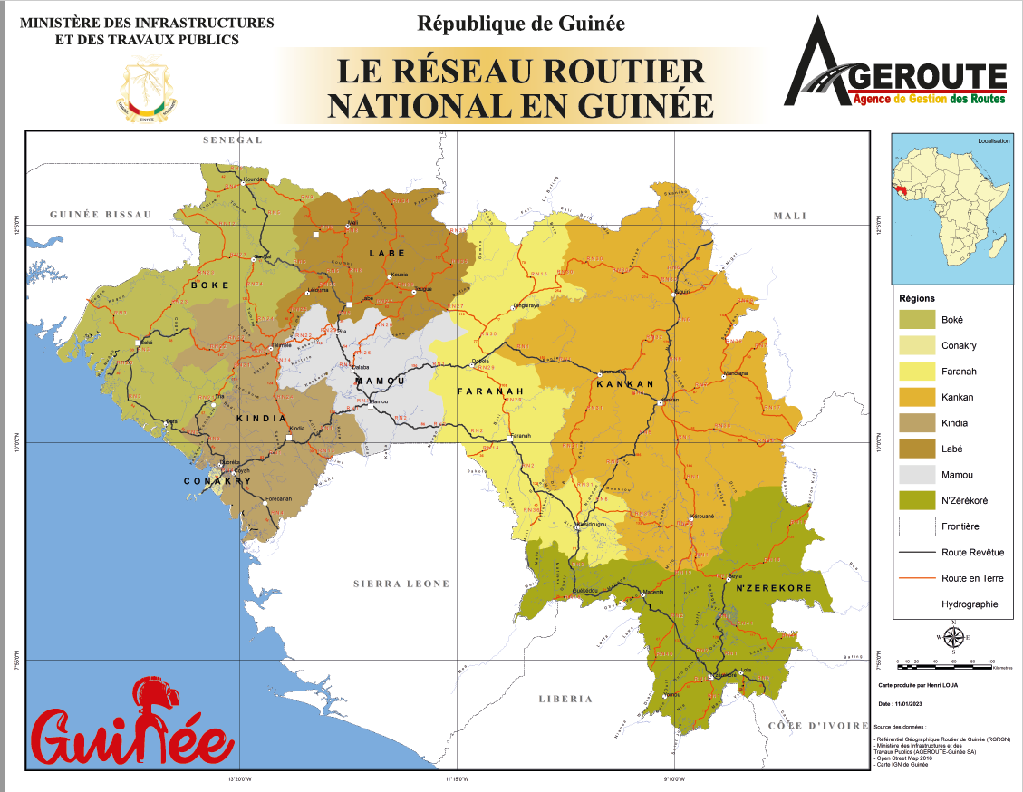 Carte du réseau routier national en Guinée - Ministère des Infrastructures et des Travaux Publics, AGEROUTE